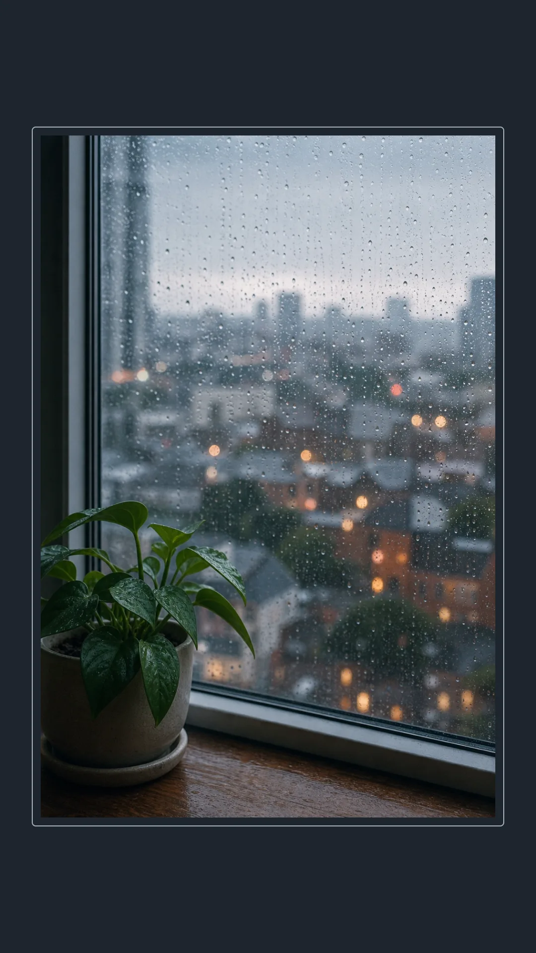 A rainy city photo in a dark vertical frame