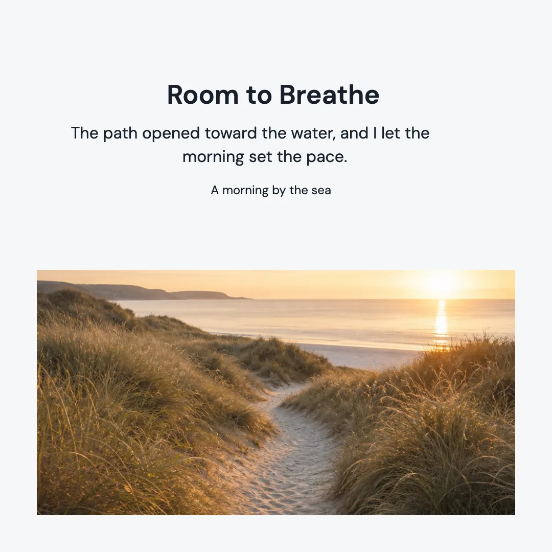 A square coastal photo journal titled Room to Breathe