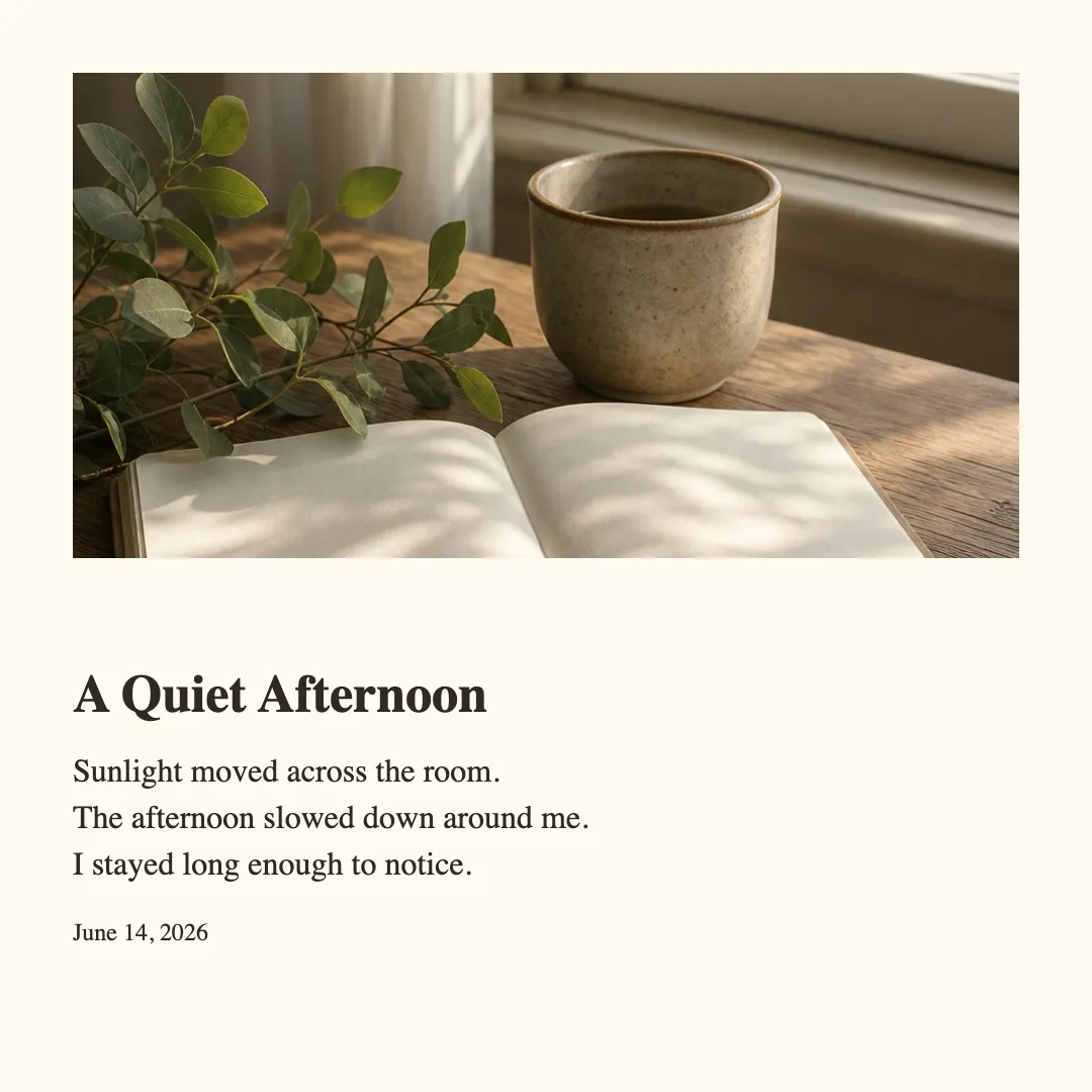 Square exported photo journal titled A Quiet Afternoon with a window photo and short reflection.