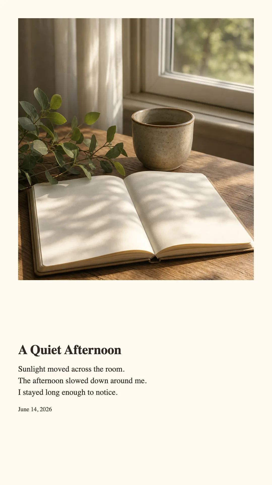 Vertical exported photo journal titled A Quiet Afternoon with the same window photo and reflection.
