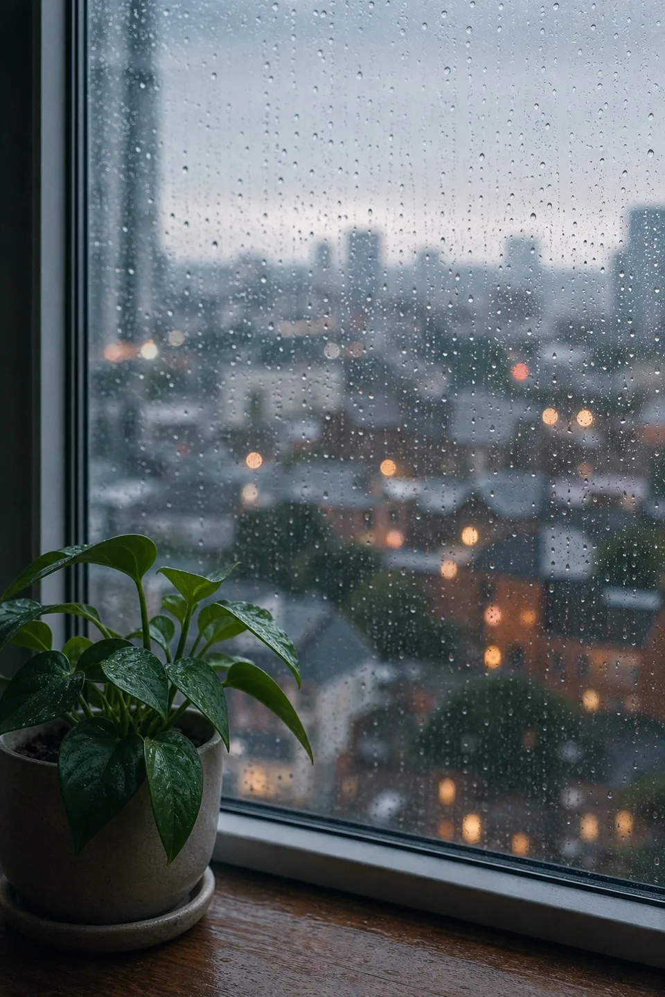 Rainy city view on a dark vertical canvas