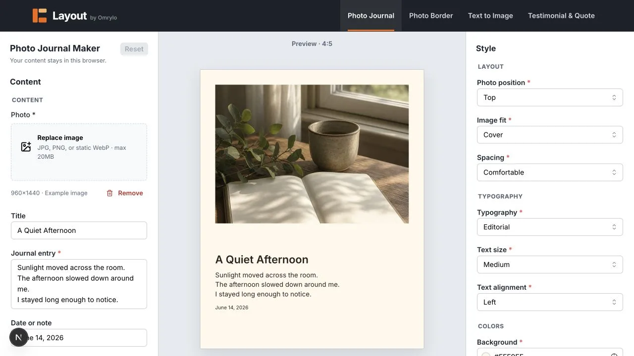 Photo Journal Maker editor showing text controls, a portrait preview, and style settings.