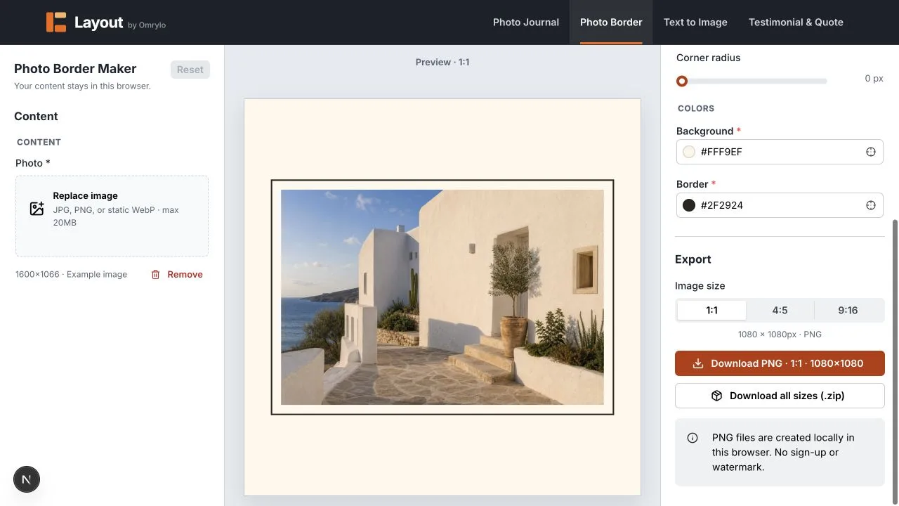 Photo Border Maker export controls showing square, portrait, and vertical size choices beside the image preview.