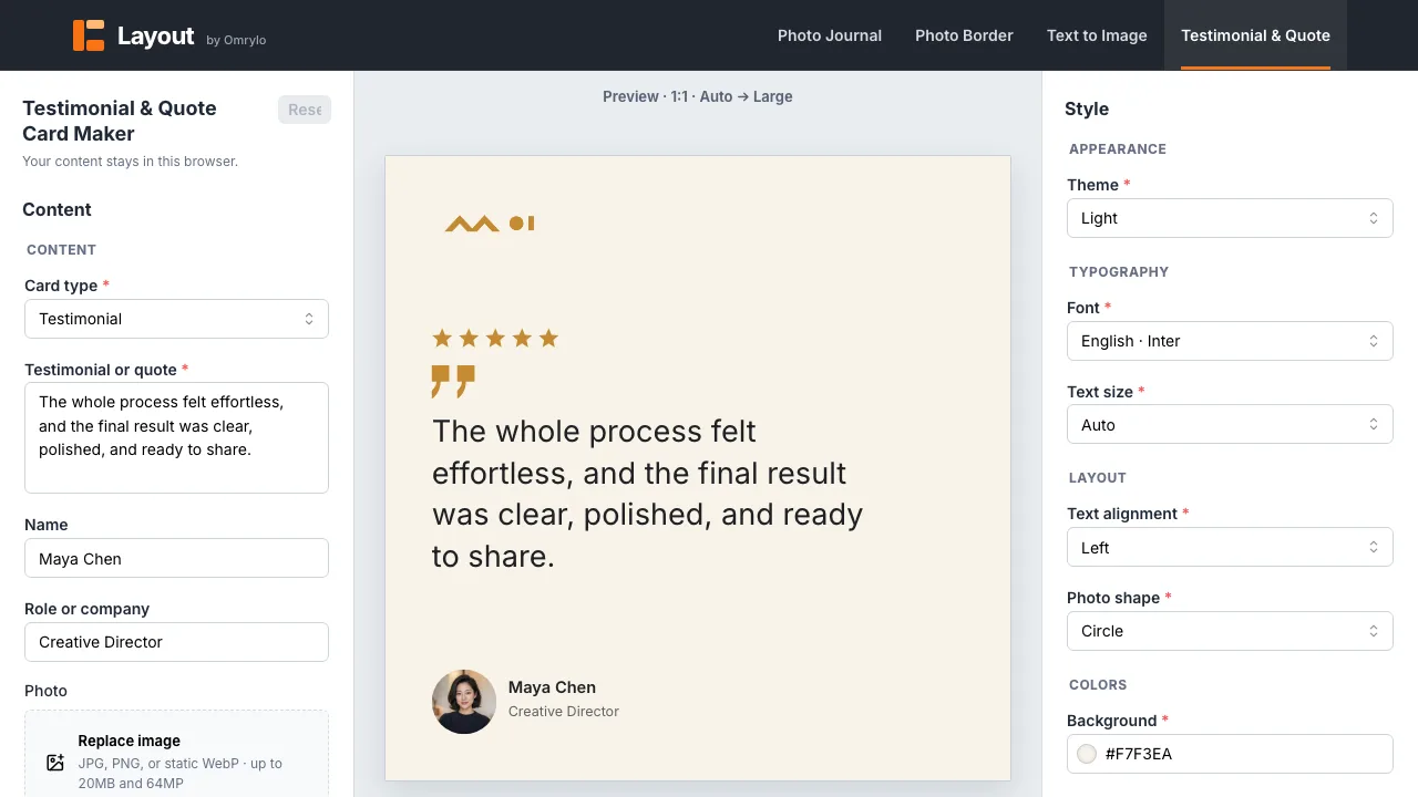Testimonial and Quote editor showing a centered quote card with attribution fields and style controls.
