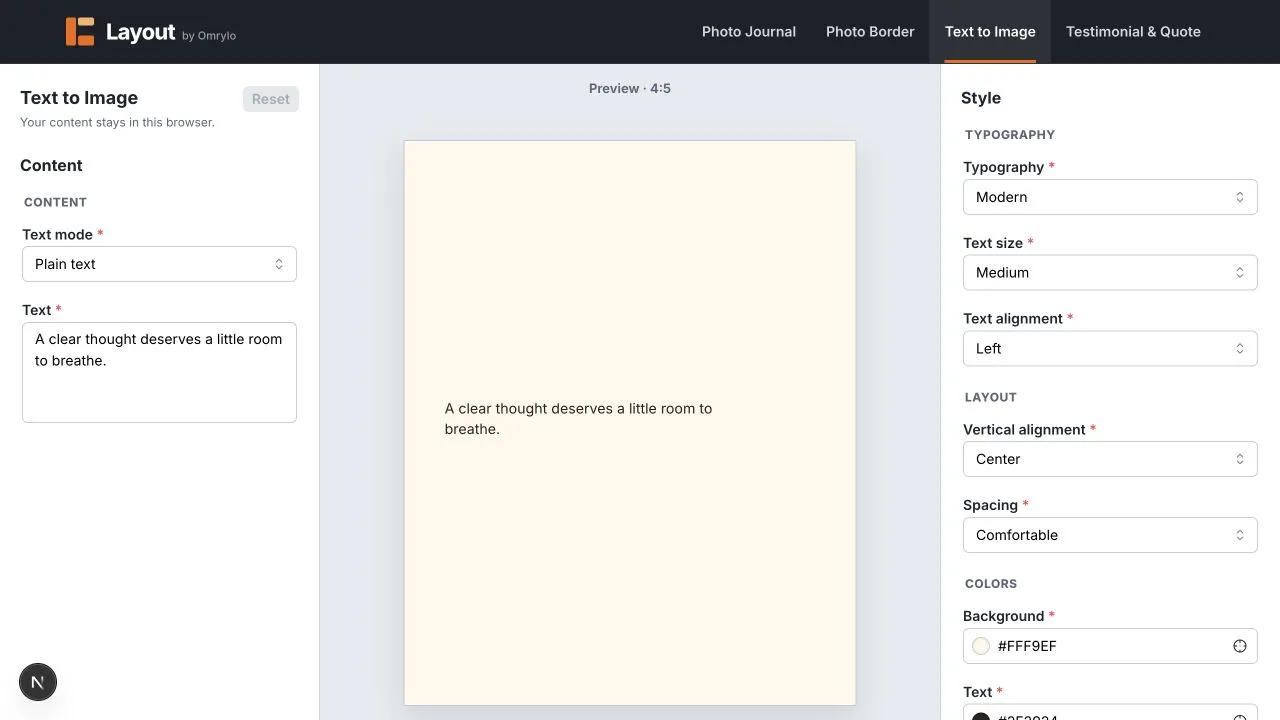 Text to Image editor showing a text field, live typographic preview, and appearance controls.